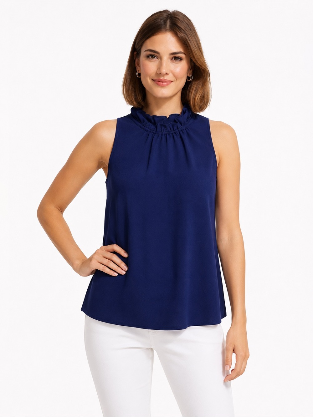 J.Crew Navy Ruffle Neck Sleeveless Top | Mock Neck Blouse | Size XS